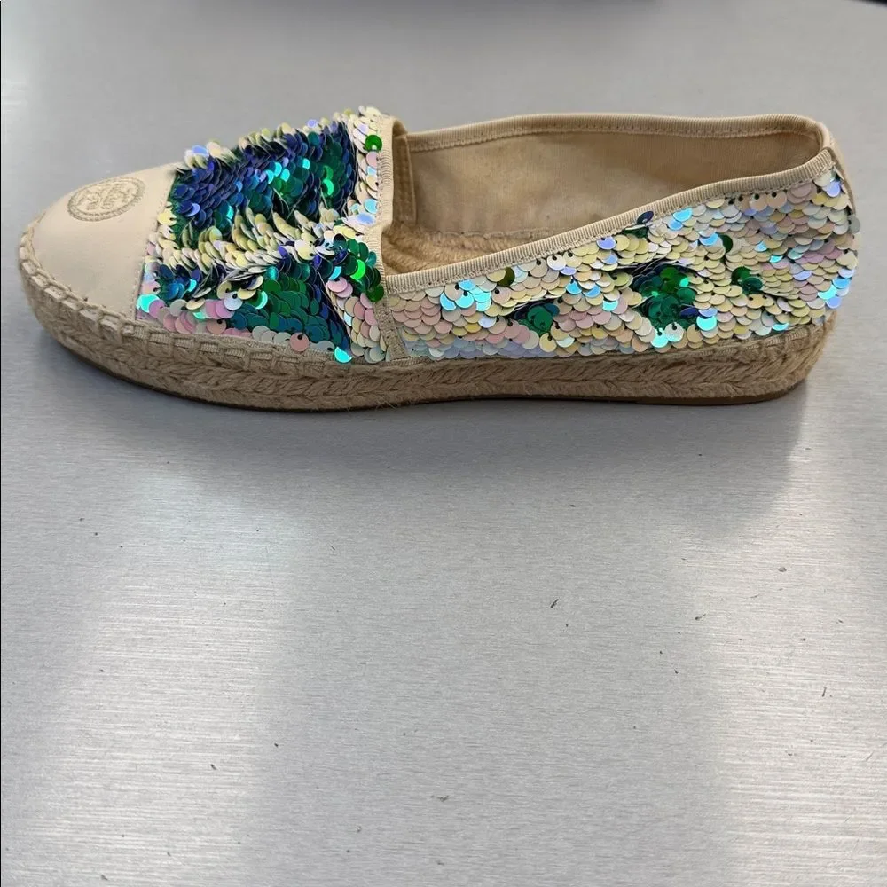 Tory Burch Green and Cream Sequin Espadrilles